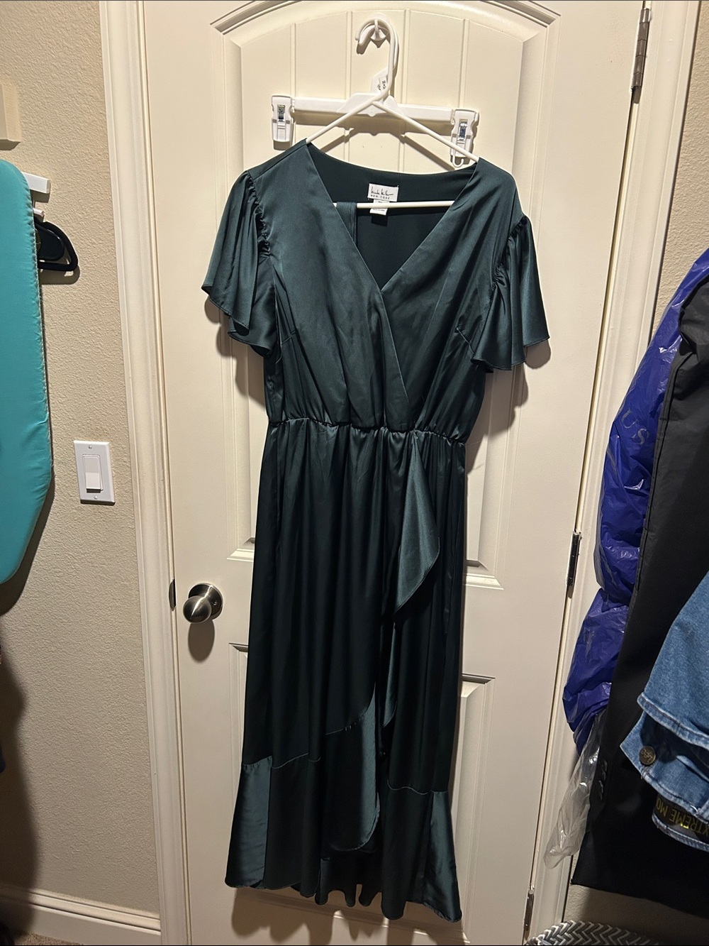 Satin Wrap Midi Dress in Deep Teal - Women's